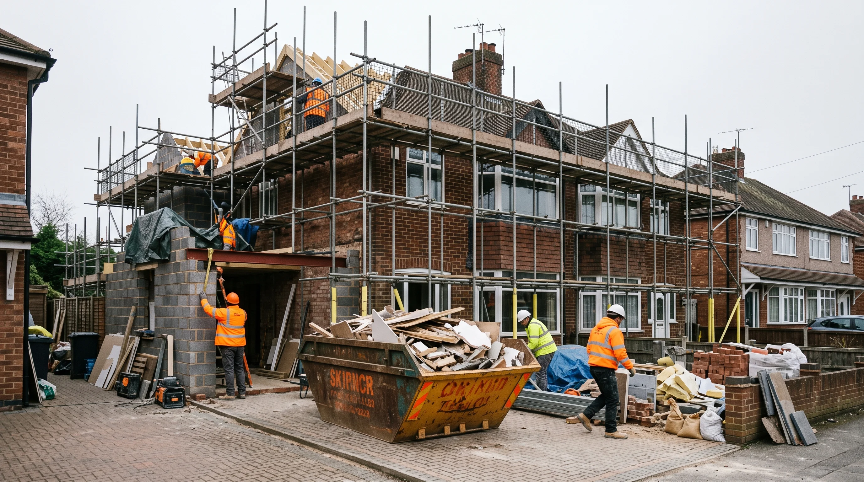 Scaffolding covering the front of a 1930s brick semi-detached house mid-extension, with a skip on the block-paved drive under a grey sky