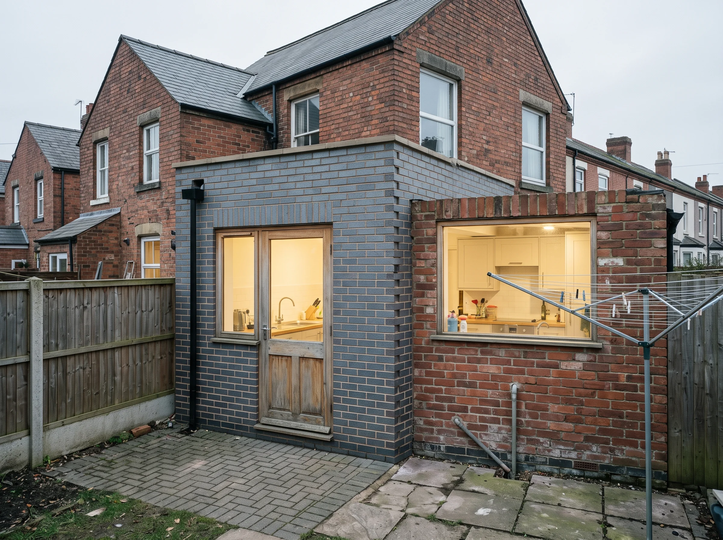 Rear extension on a Victorian terrace seen from the back yard, new brickwork joined to old
