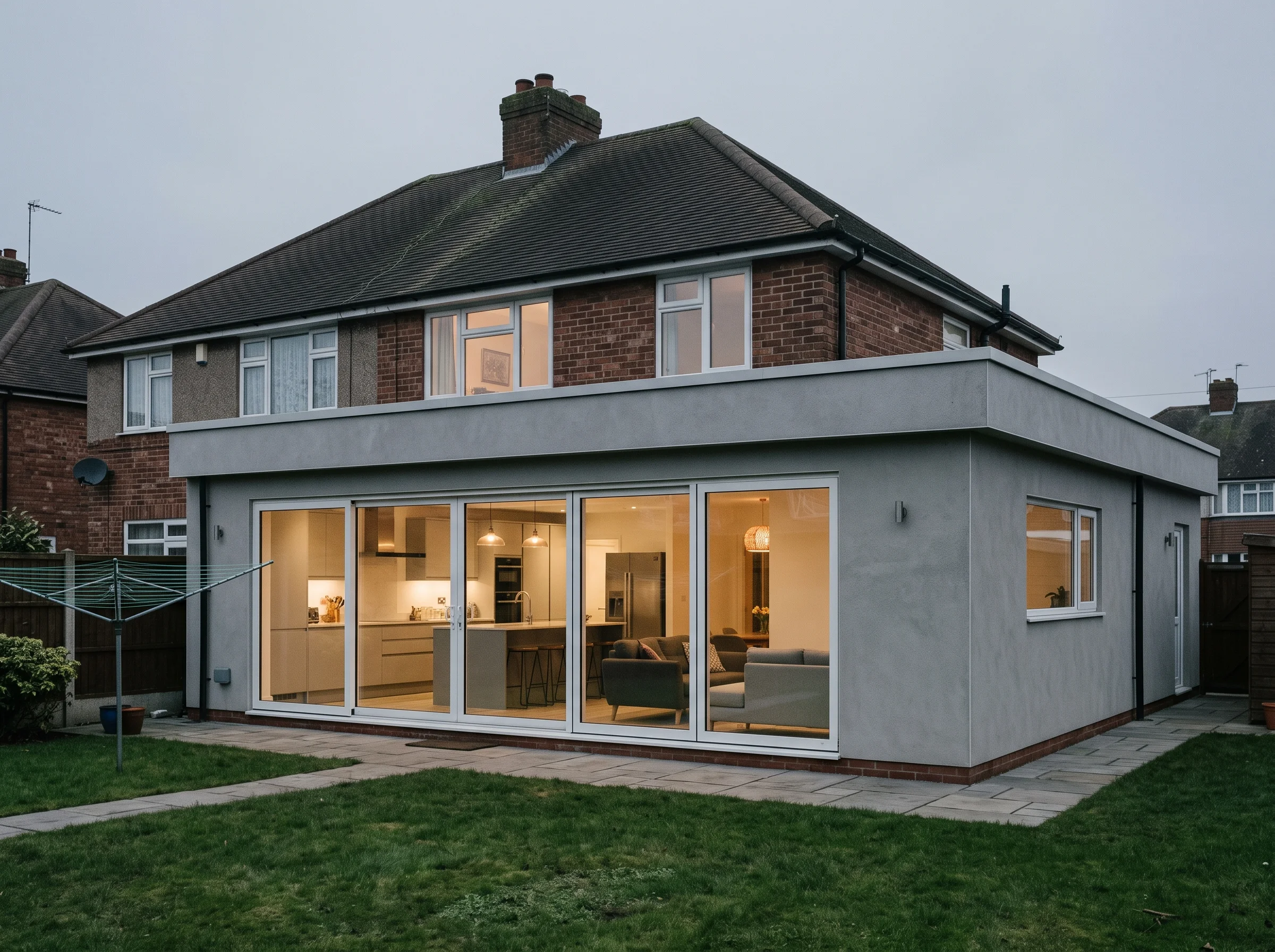 Wide wrap-around extension with parapet flat roof and glazing lit from inside on an overcast afternoon