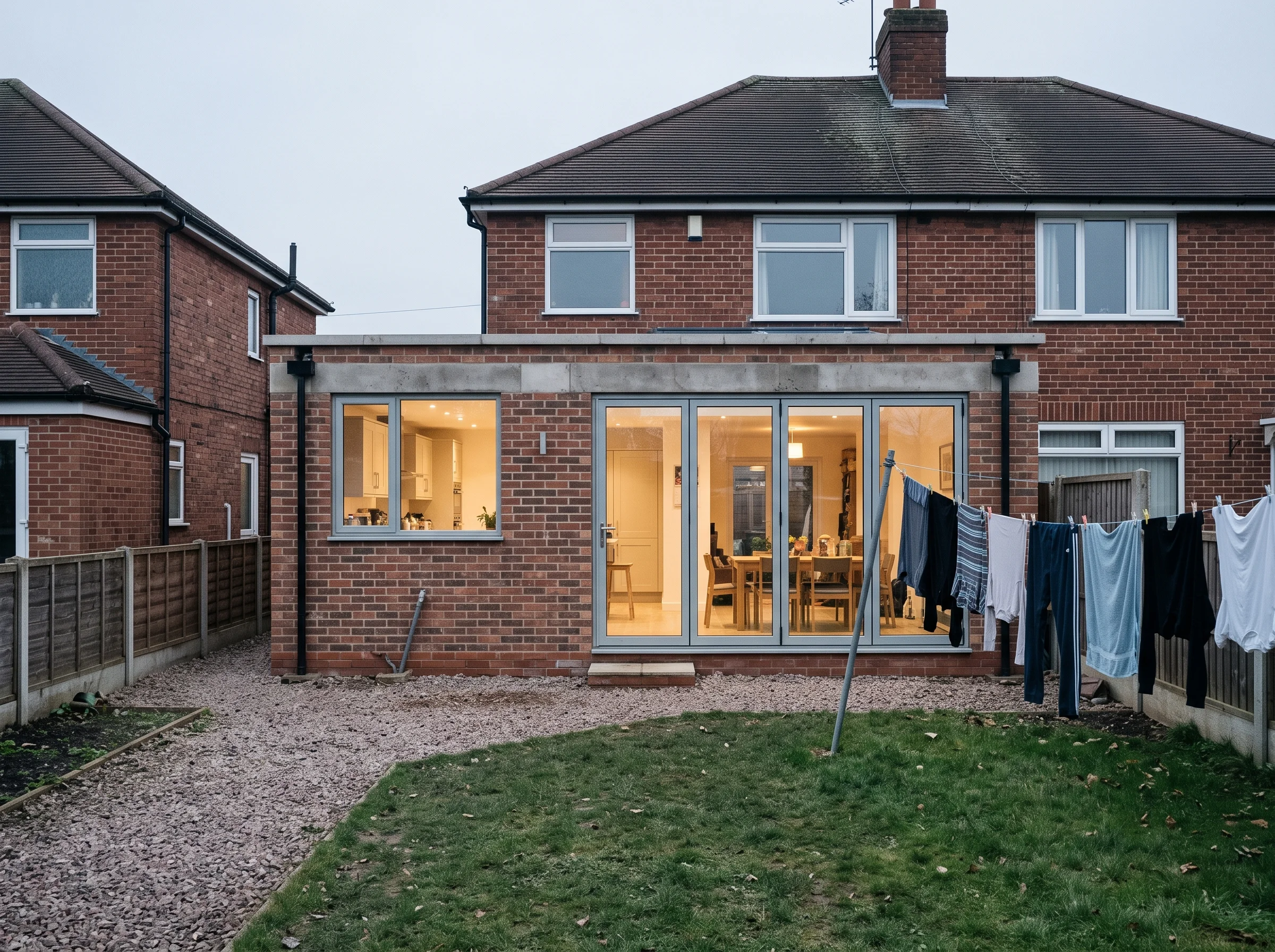 Completed single-storey rear extension with roof lantern and lit glazing, seen square-on from the garden