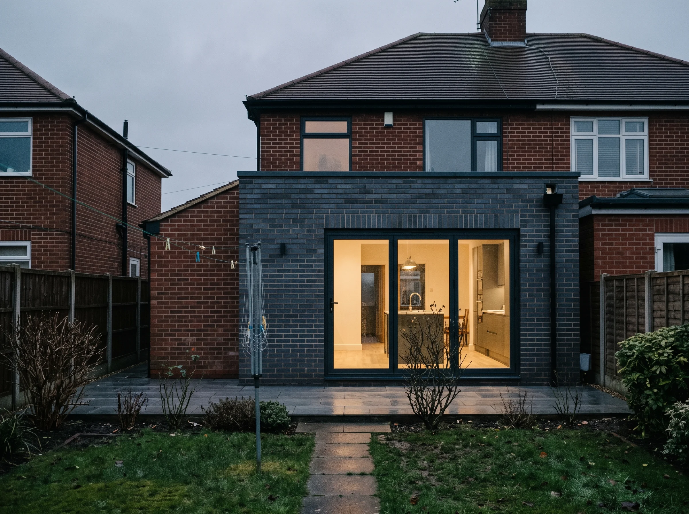 Rear extension in grey engineering brick joined to older red brick, sliding doors lit from inside