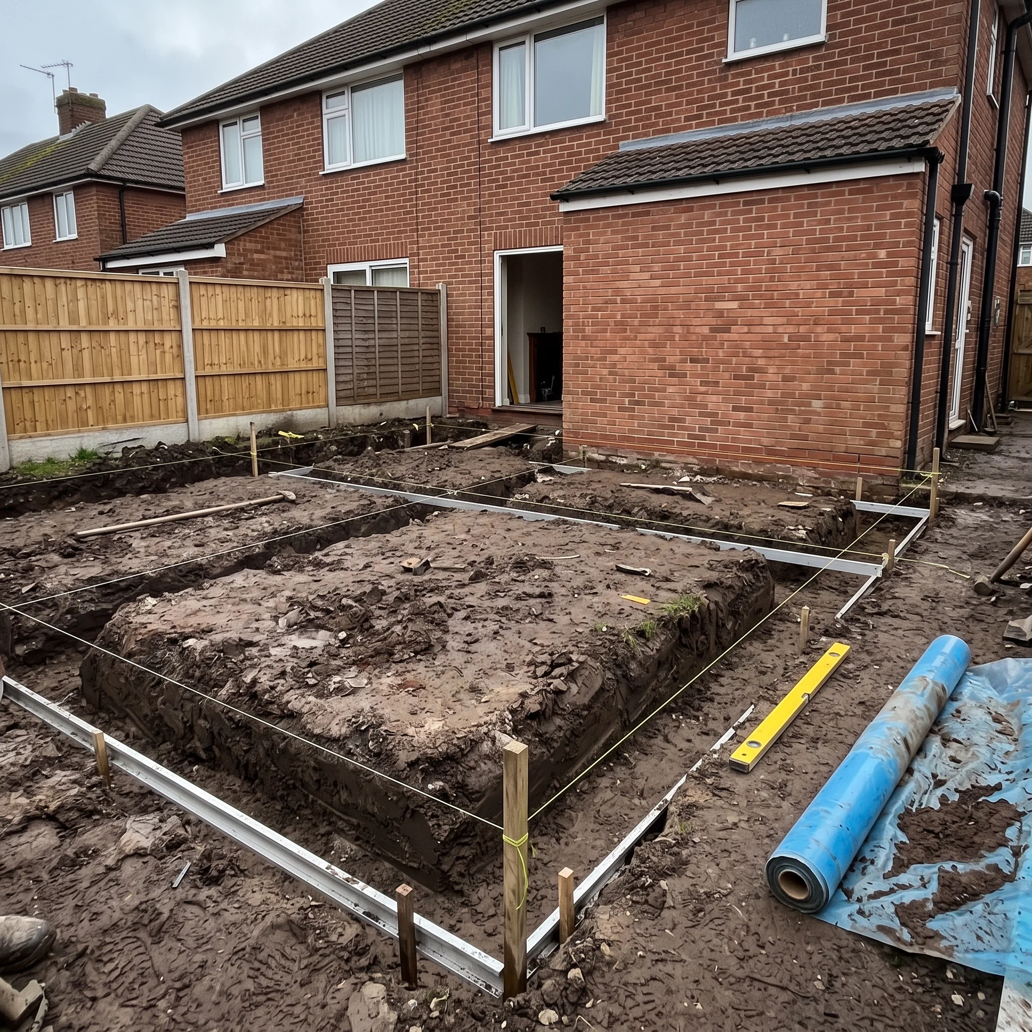 Excavated footing trenches with wooden stakes, string lines, and a rolled blue damp-proof membrane on muddy ground in front of a brick house.