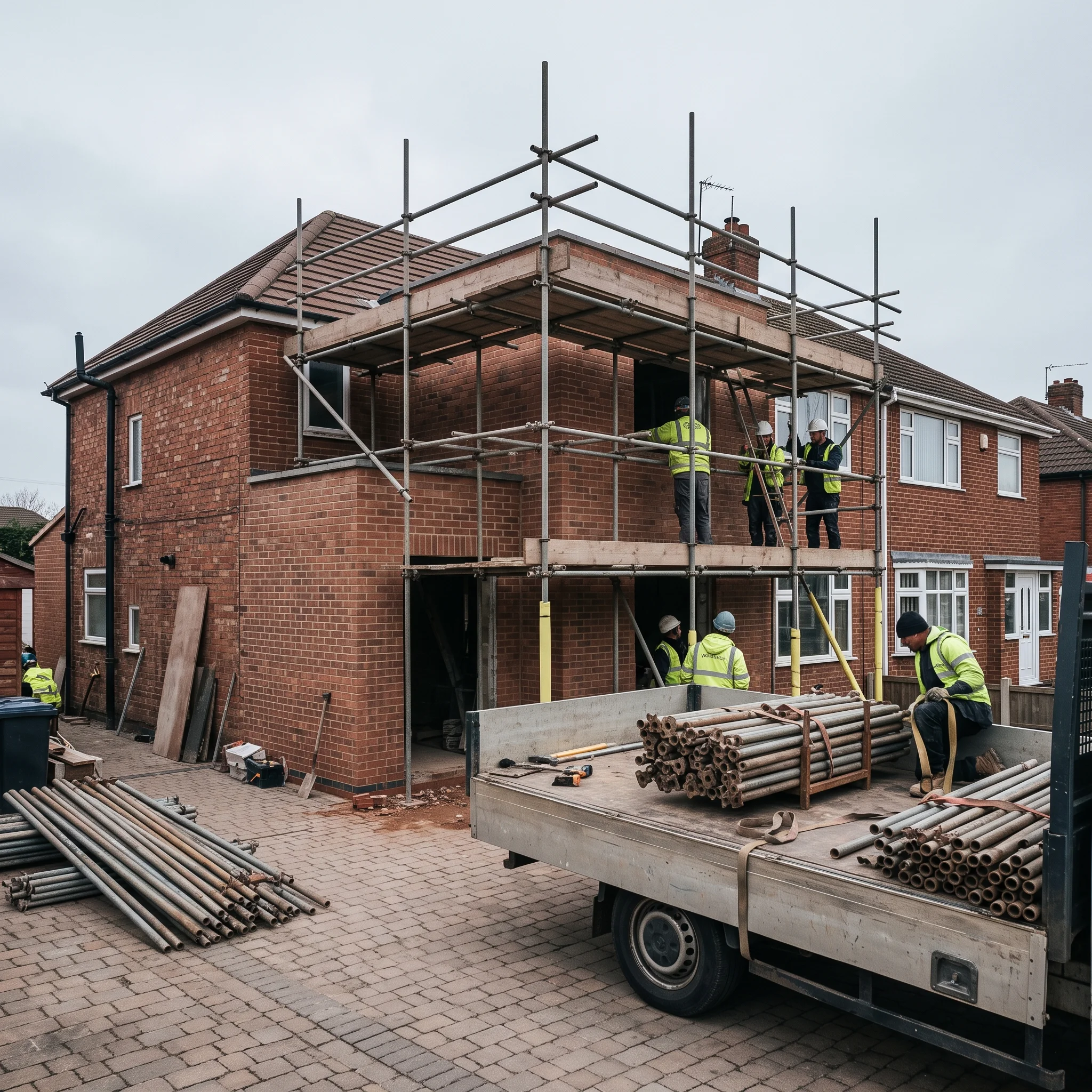 Scaffold being dismantled from a completed rear extension with poles stacked on a flatbed