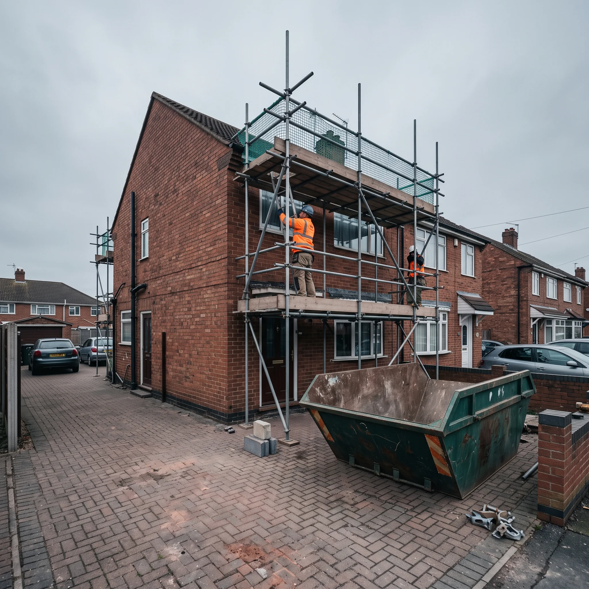 Scaffold poles being erected against the rear of a brick semi with an empty skip on the drive