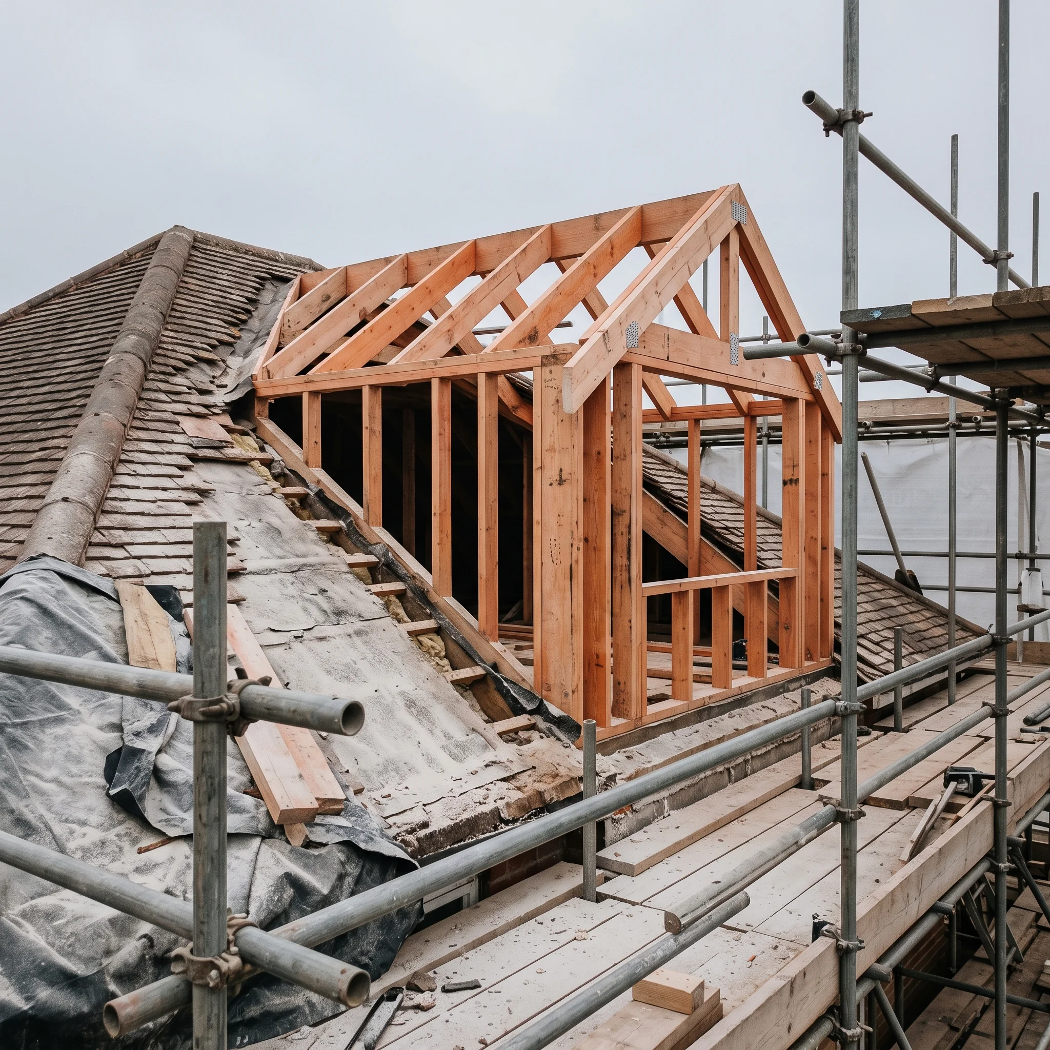 Raw timber studwork of a new dormer cut into a hipped roof against an overcast sky