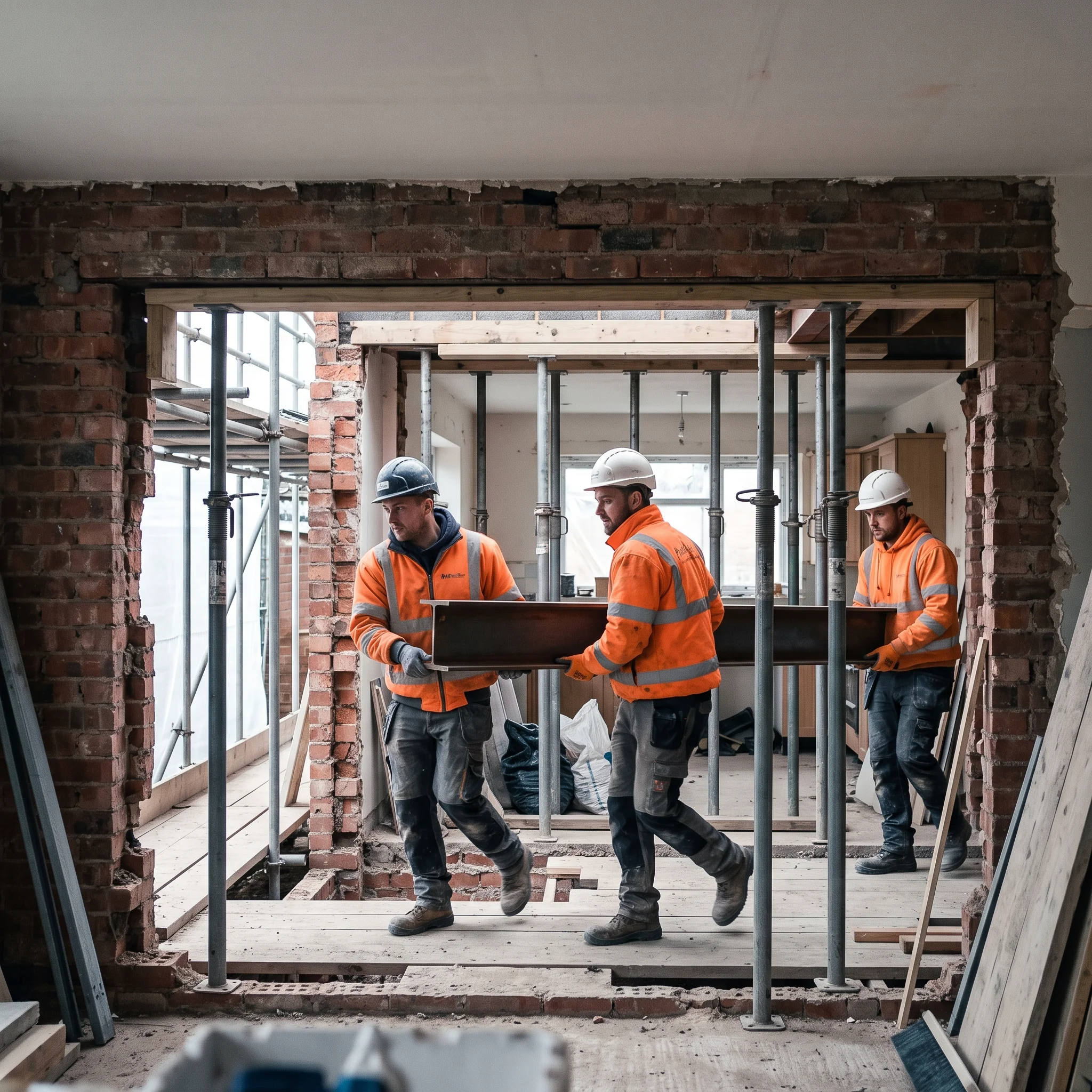 Builders in hi-vis carrying a steel beam towards a propped knock-through opening
