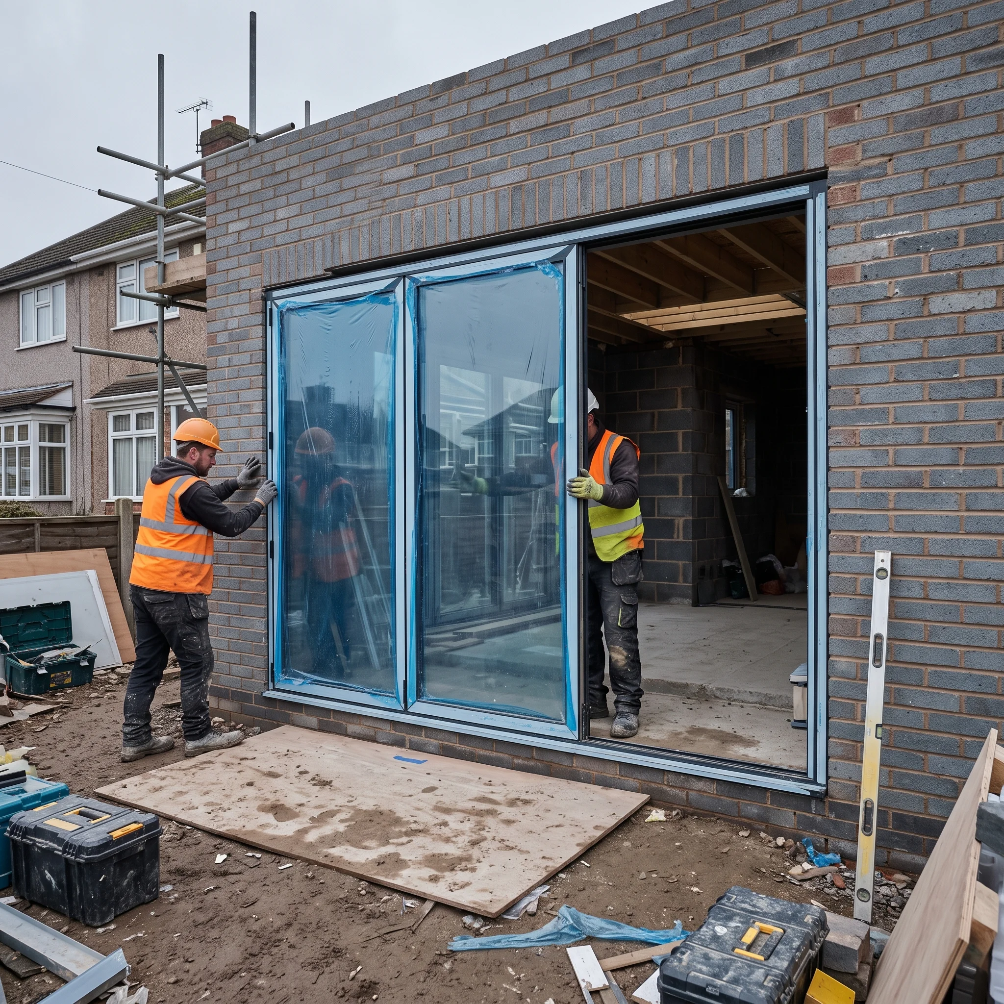 New glazed doors with protective film fitted into a brick extension shell